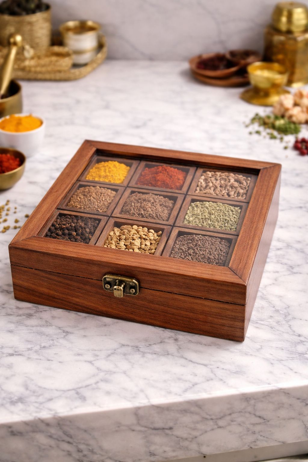 Premium Solid Wooden 9-Slot Spice Box – Elegant & Durable Store