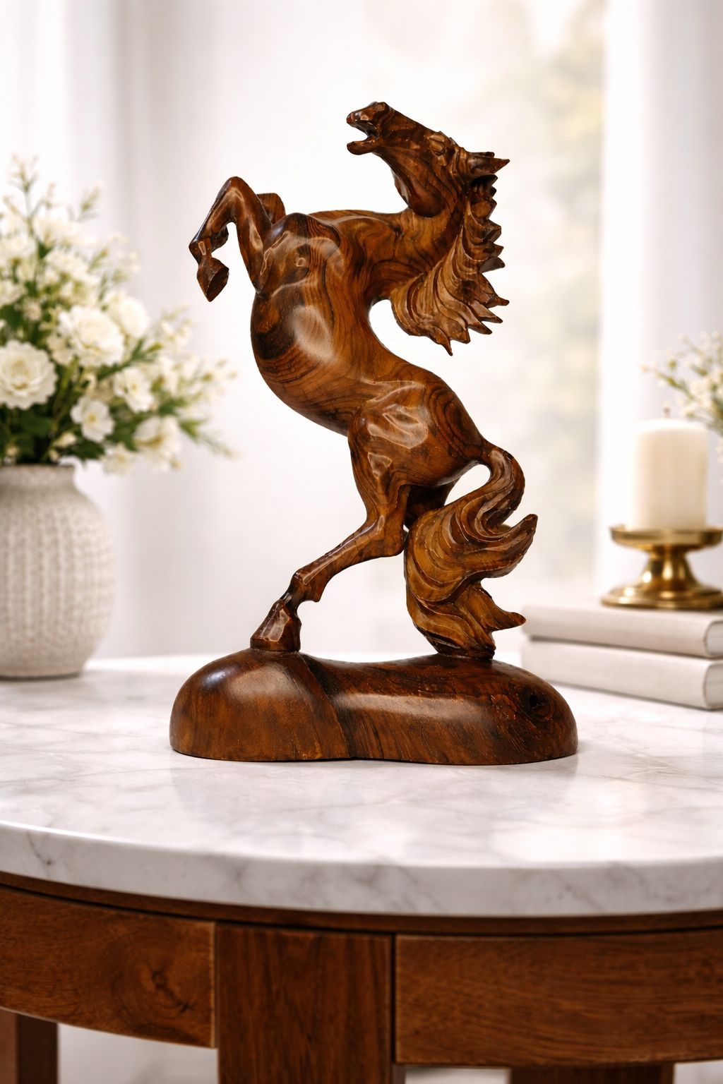 Handmade Wooden Horse Statue Elegant Home Decor