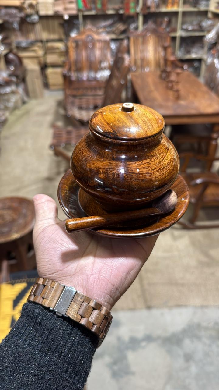 Handmade wooden sugar pot with a lid and spoon