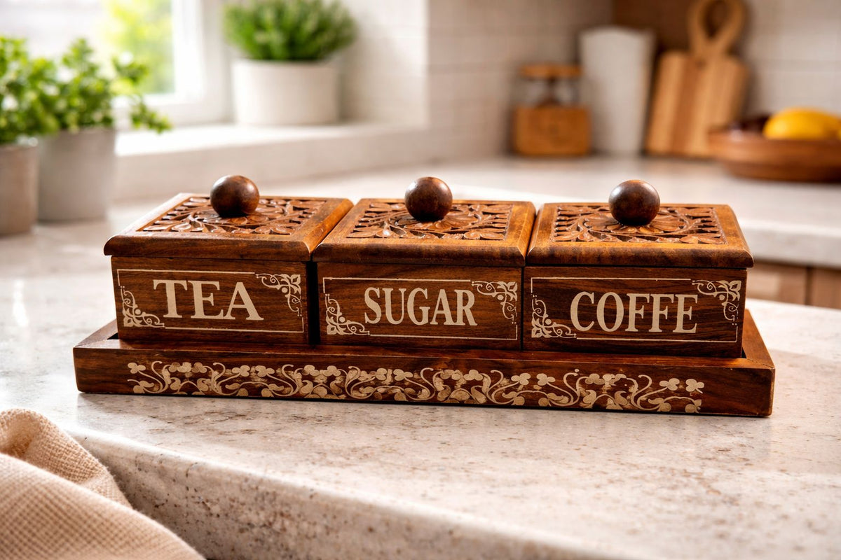 Luxury Handcrafted Wooden Tea, Sugar & Coffee Storage Set – 3-Piece Kitchen Canister Set
