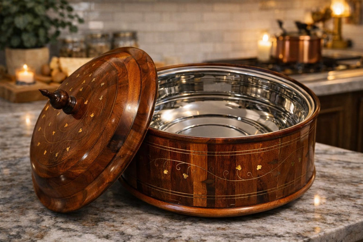 Traditional Brass-Decorated Wooden Hotpot with Steel Bowl