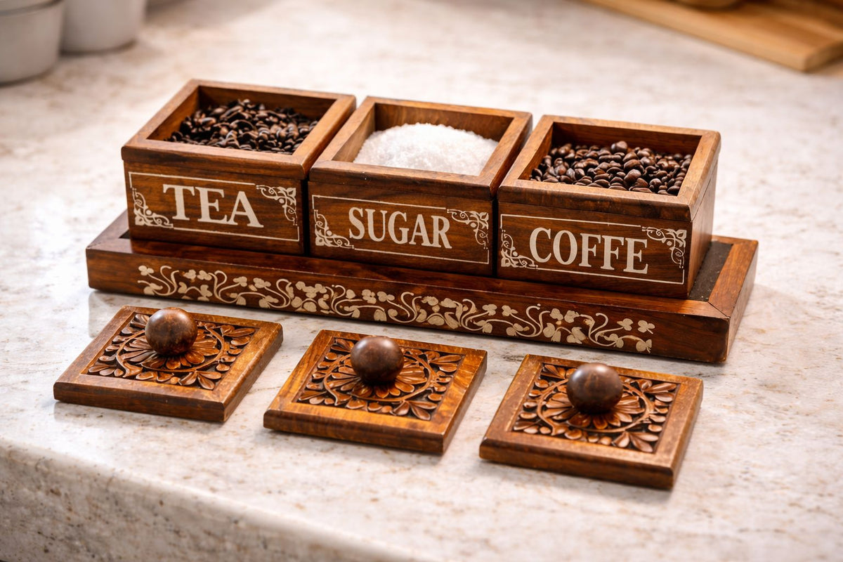Luxury Handcrafted Wooden Tea, Sugar & Coffee Storage Set – 3-Piece Kitchen Canister Set