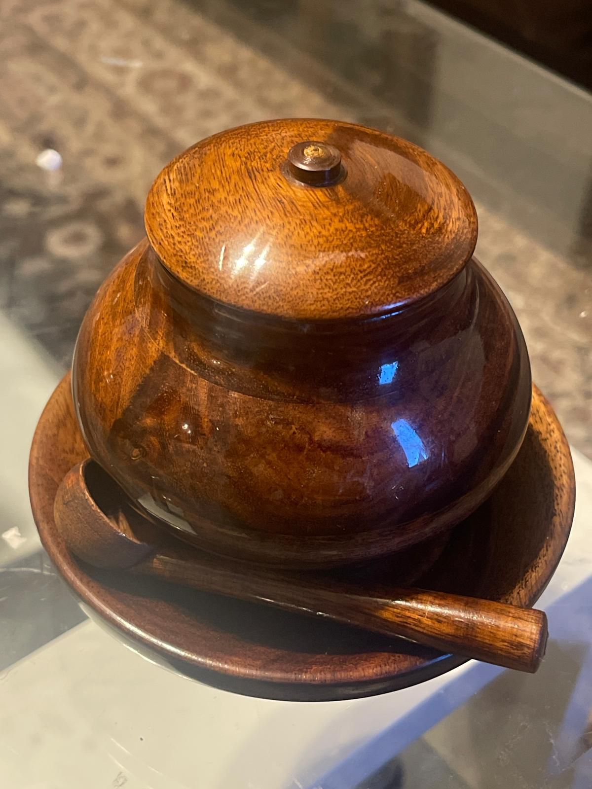 Handmade wooden sugar pot with a lid and spoon