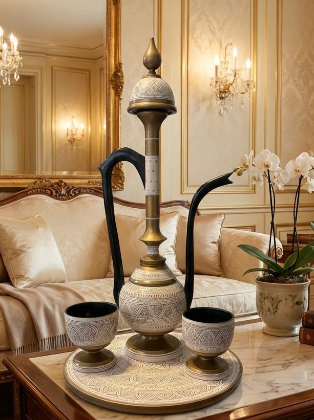 Hand-Painted Wooden Umay Khayyam with 2 Cups