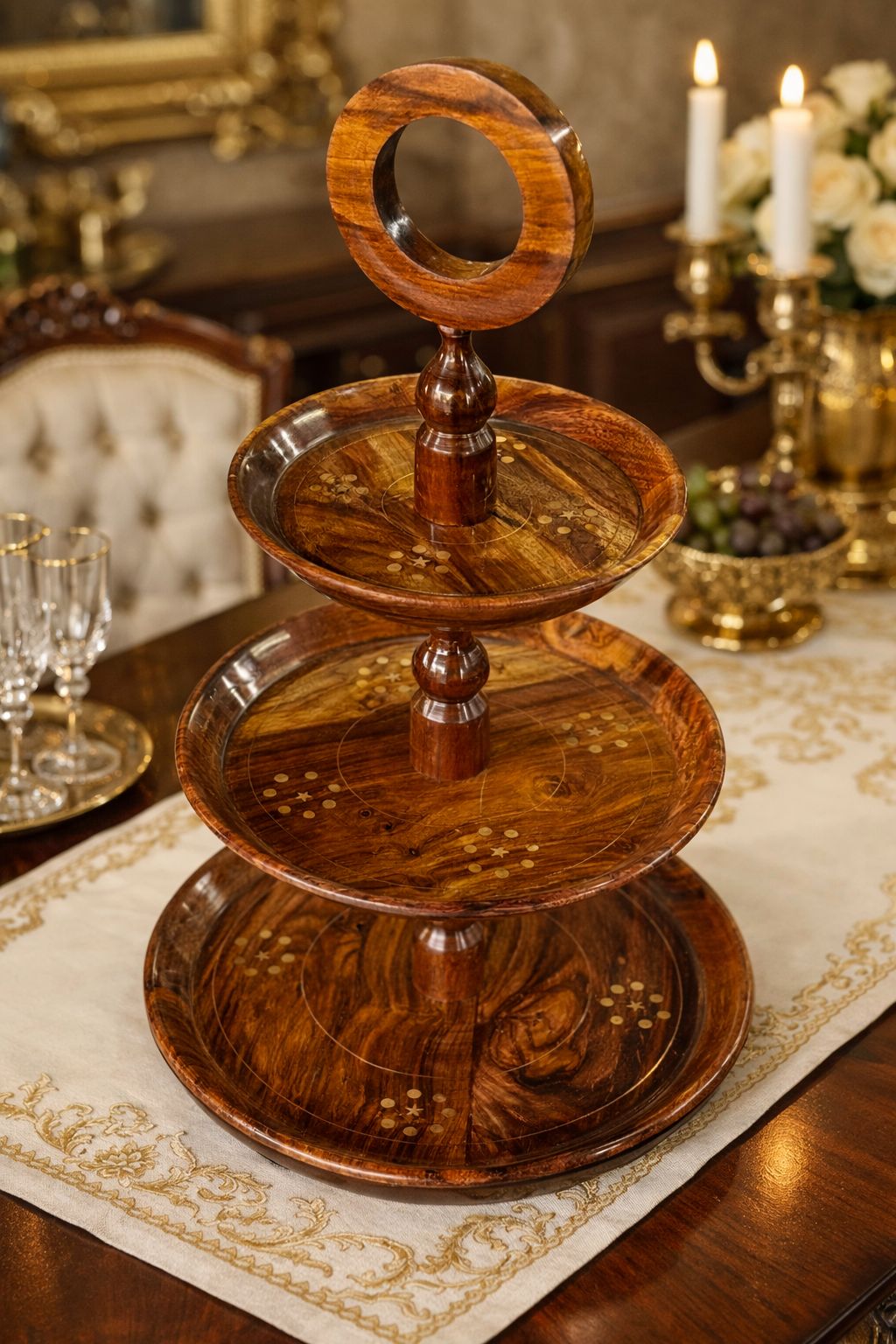 Three-Tier Brass-Coated Wooden Serving Stand