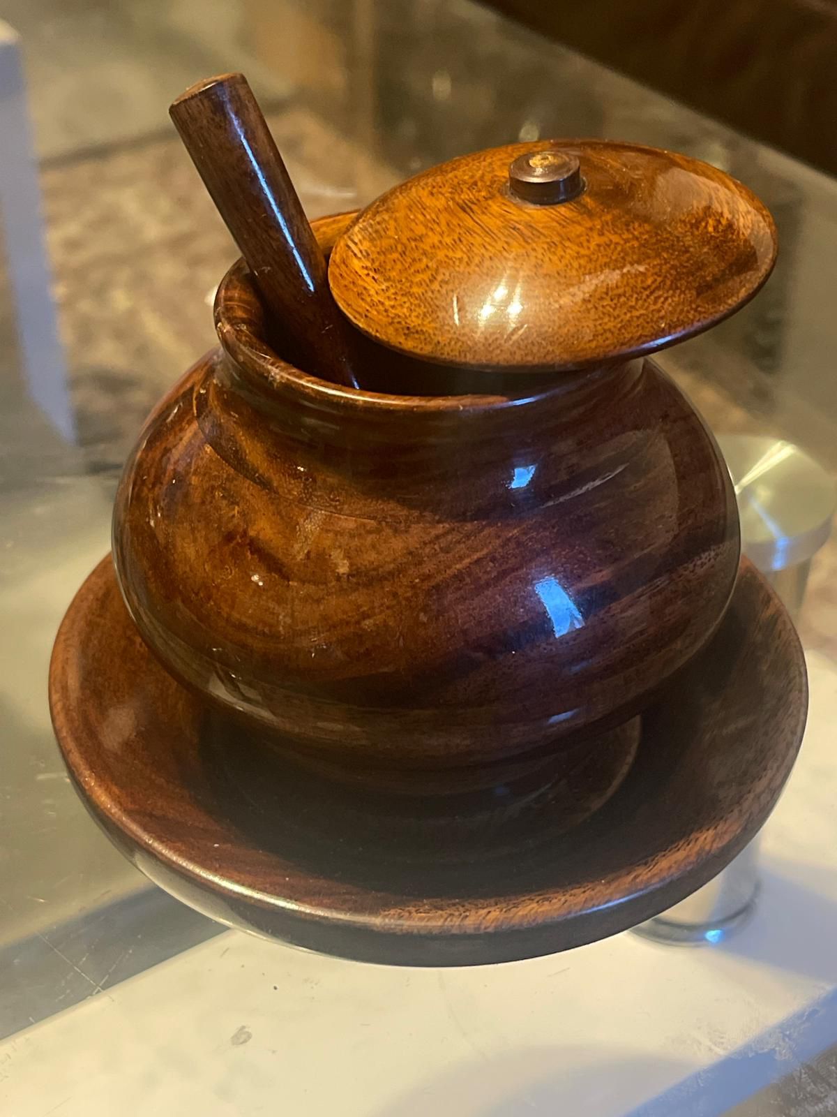 Handmade wooden sugar pot with a lid and spoon