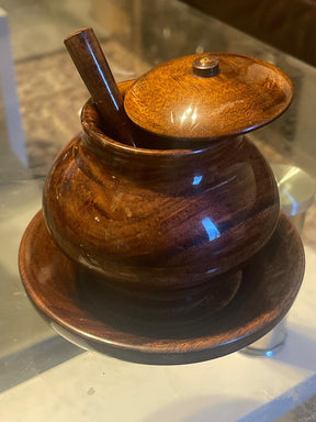 Handmade wooden sugar pot with a lid and spoon