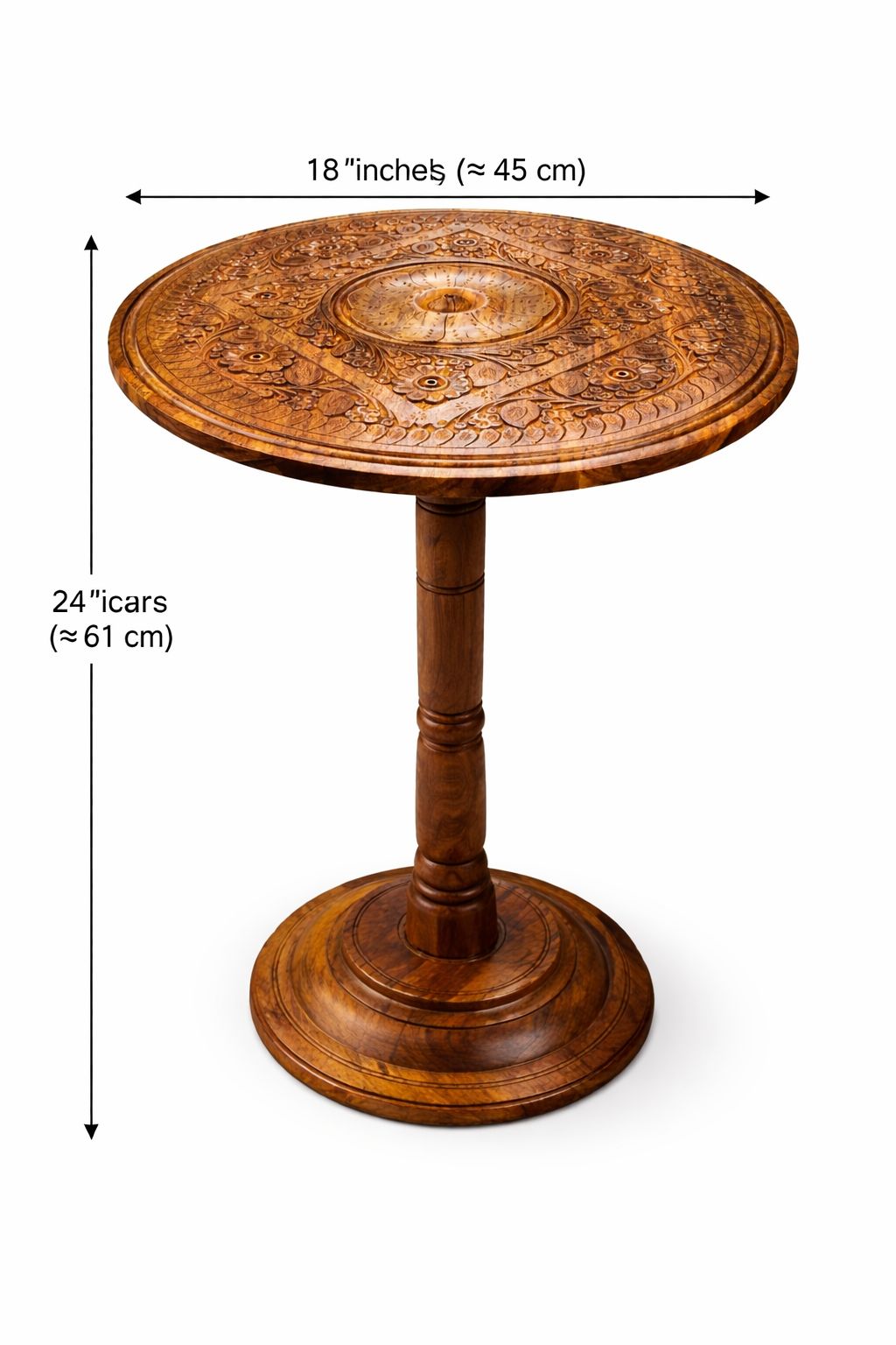 Handcrafted Wooden Pedestal Side Table – Luxury Carved Round Accent Table (18” Top)