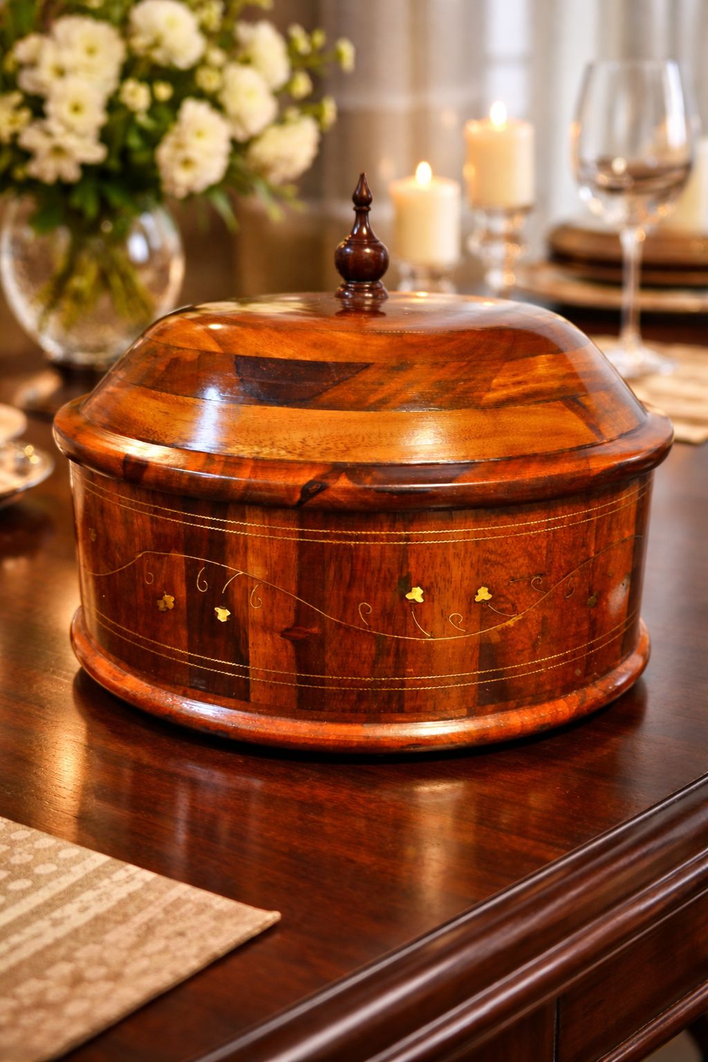 Traditional Brass-Decorated  Wooden Hotpot with Steel Bowl