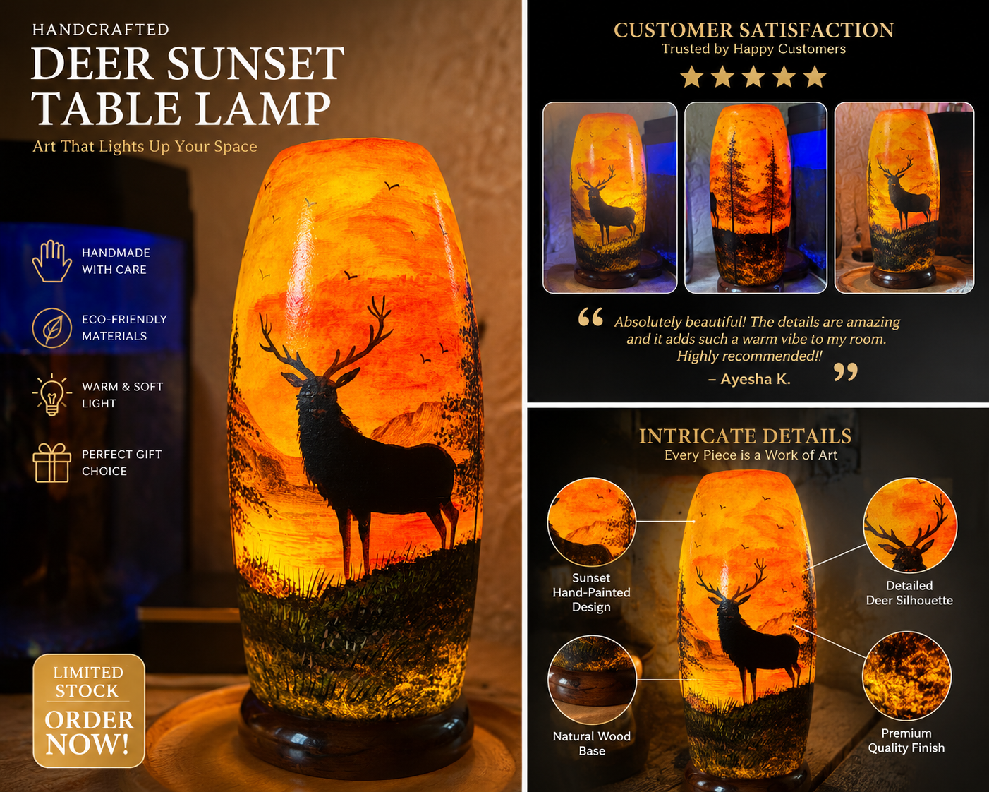 Hand-Painted Deer Sunset Table Lamp – 16” Tall