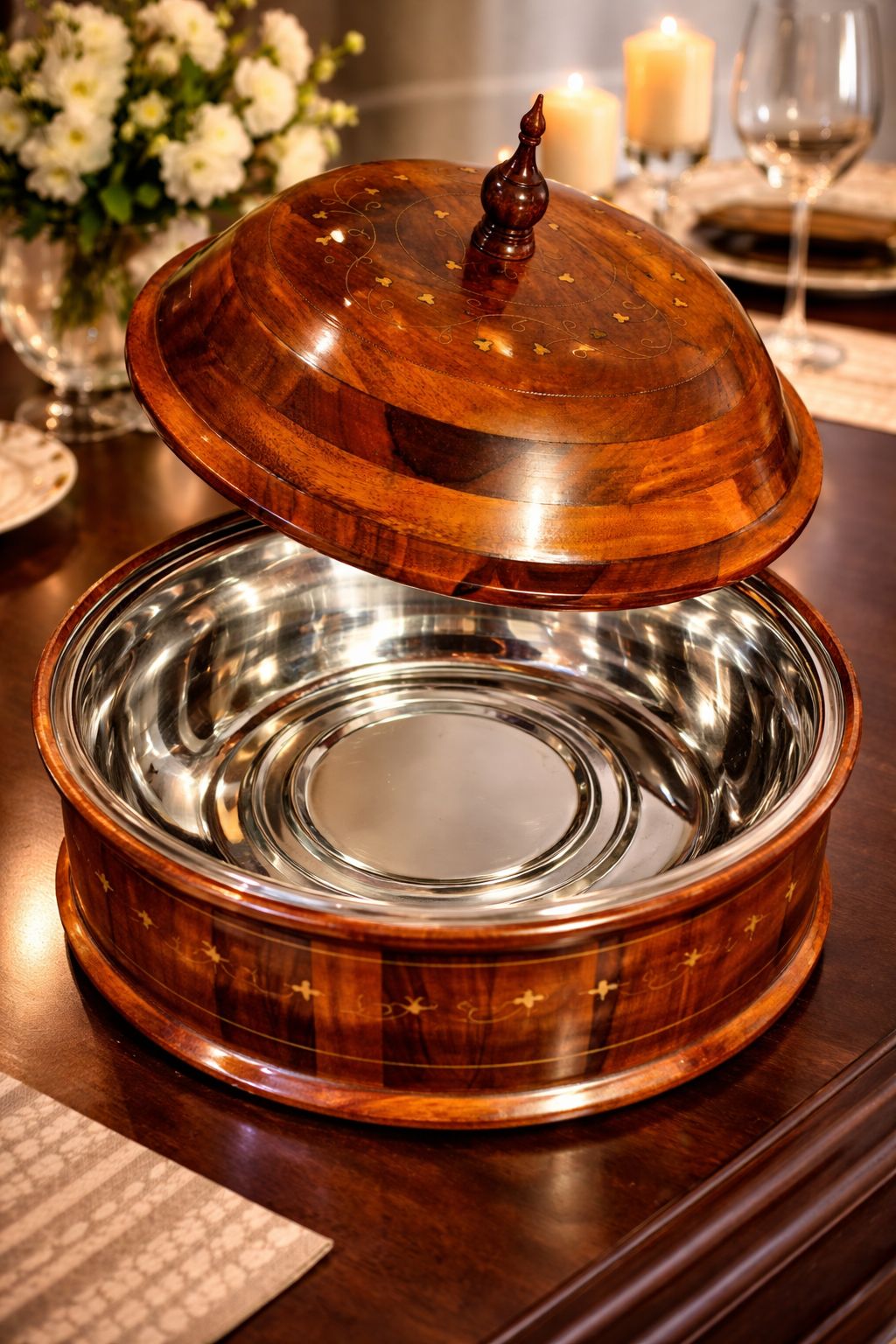 Traditional Brass-Decorated  Wooden Hotpot with Steel Bowl