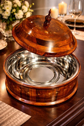 Traditional Brass-Decorated  Wooden Hotpot with Steel Bowl