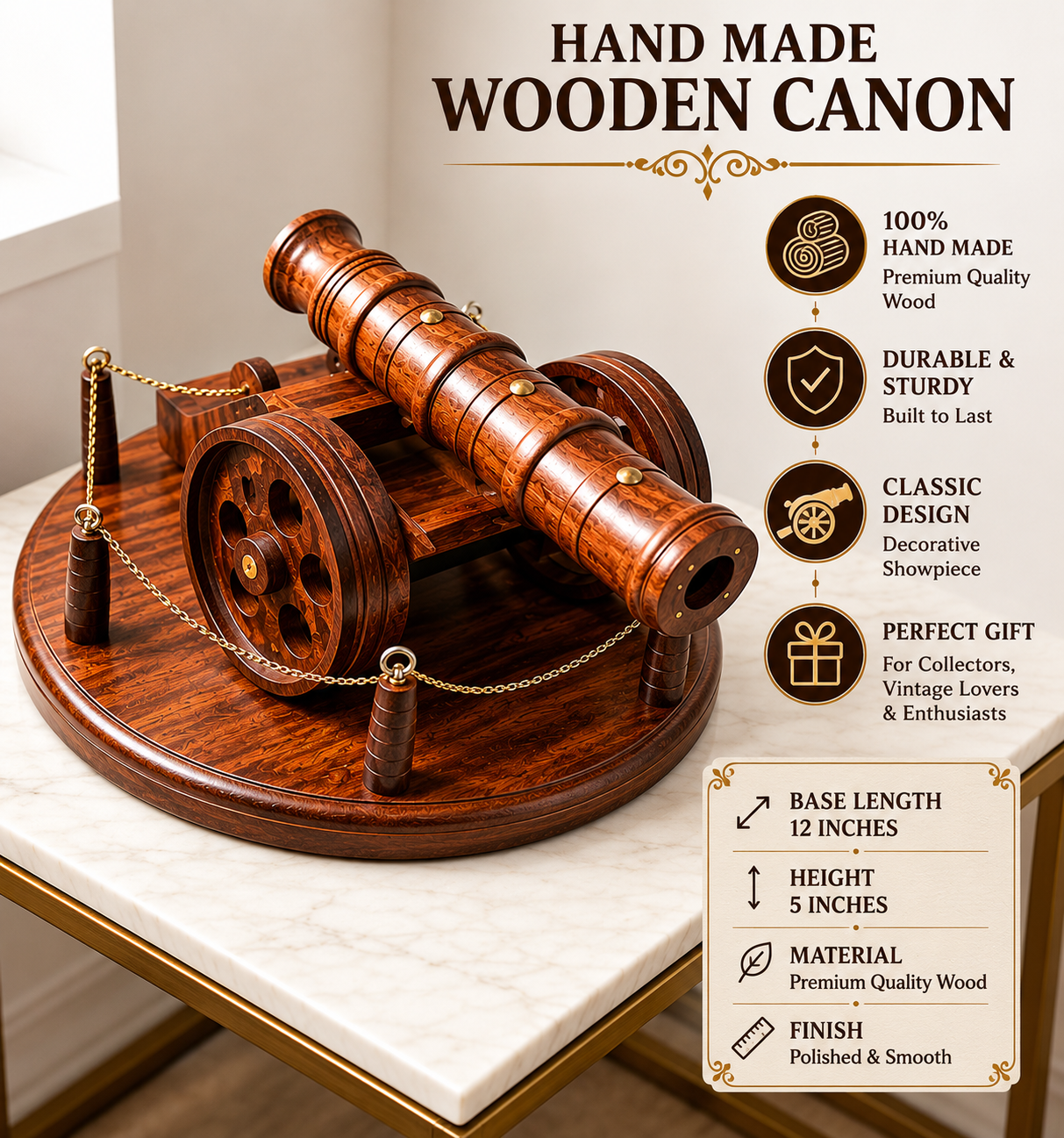 Handcrafted Wooden Cannon with Display Base