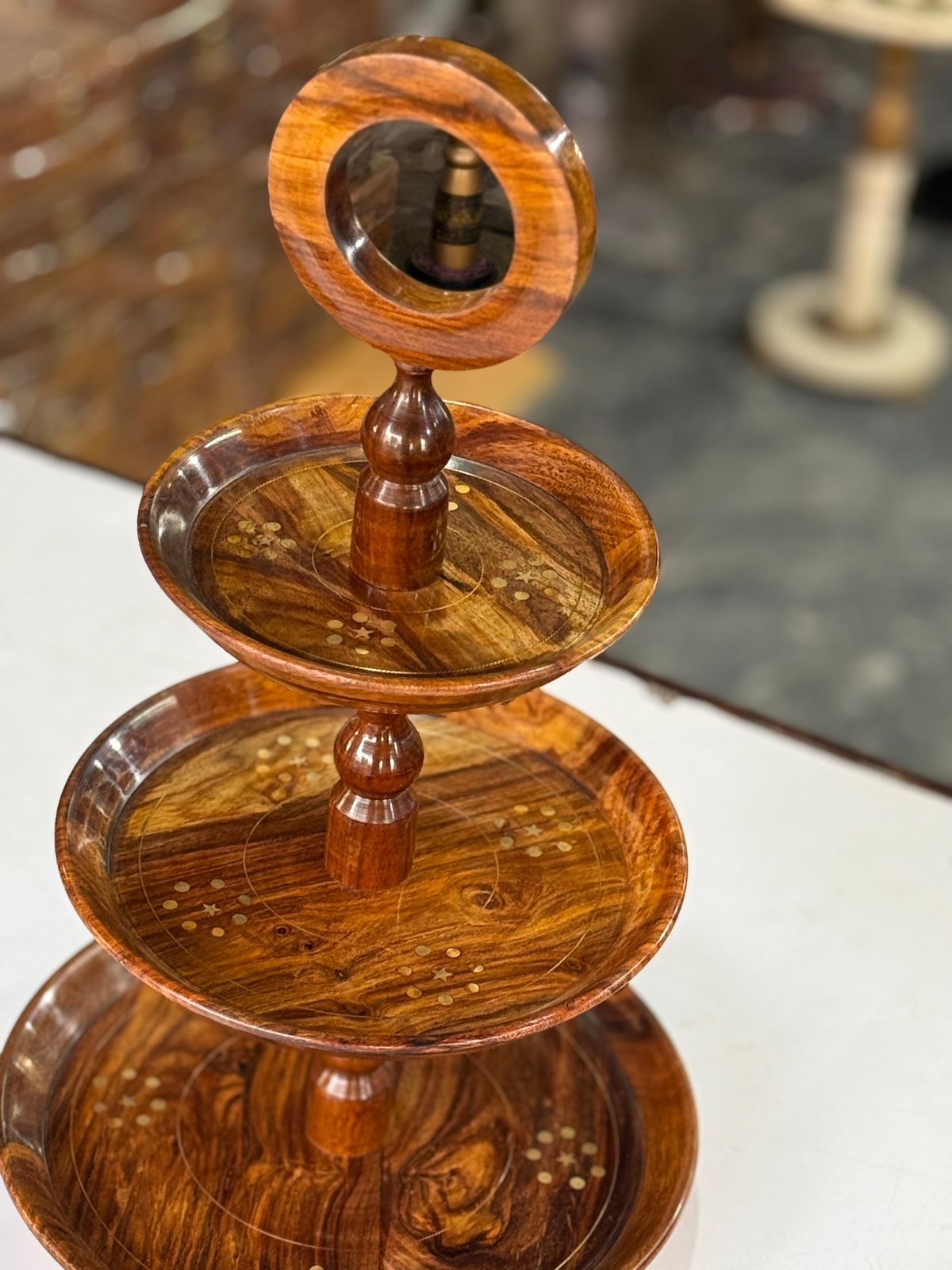 Three-Tier Brass-Coated Wooden Serving Stand