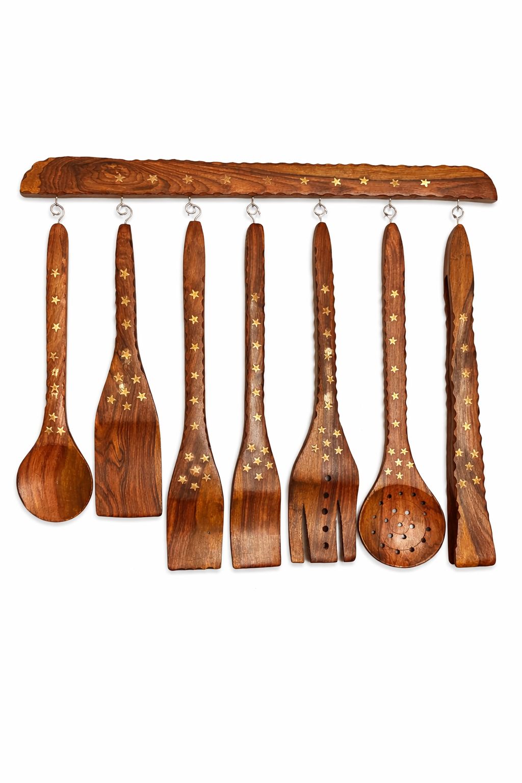 Premium Solid Sheesham Wood Kitchen Utensil Set – 8 Pieces with Brass Inlay