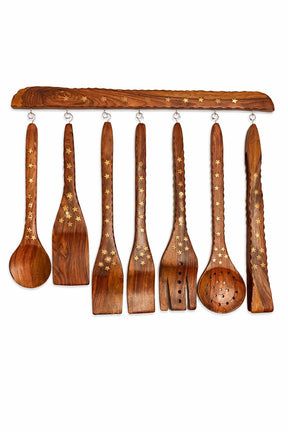 Premium Solid Sheesham Wood Kitchen Utensil Set – 8 Pieces with Brass Inlay