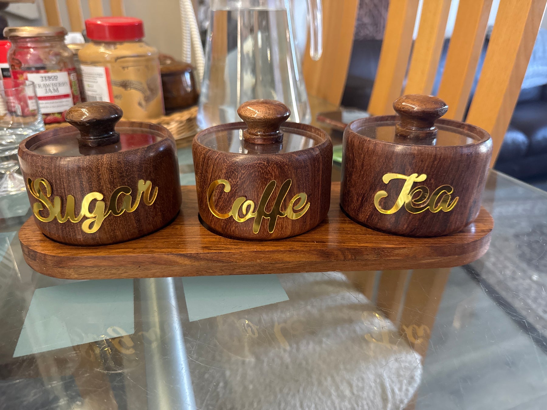 Luxury Handcrafted Wooden Tea, Sugar & Coffee Storage Set – 3-Piece Kitchen Canister Set