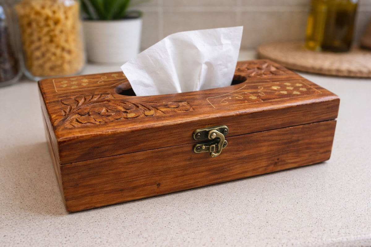 Premium Handmade Solid Wooden Tissue Box with Brass Coating & Velvet Interior