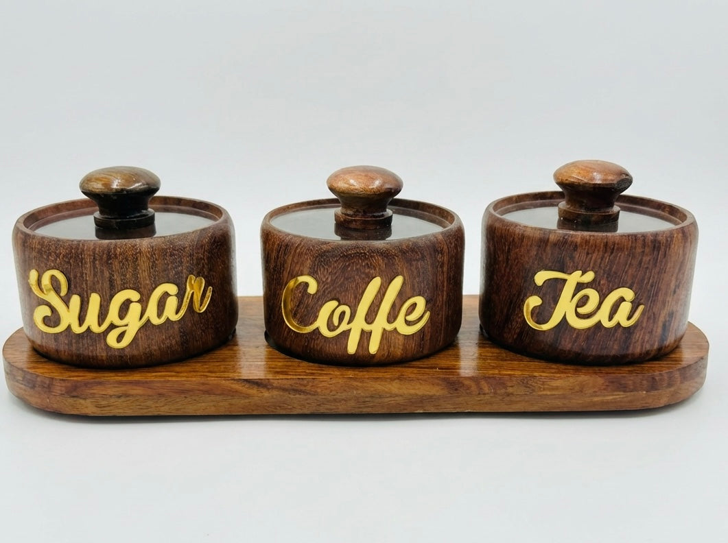 Luxury Handcrafted Wooden Tea, Sugar & Coffee Storage Set – 3-Piece Kitchen Canister Set