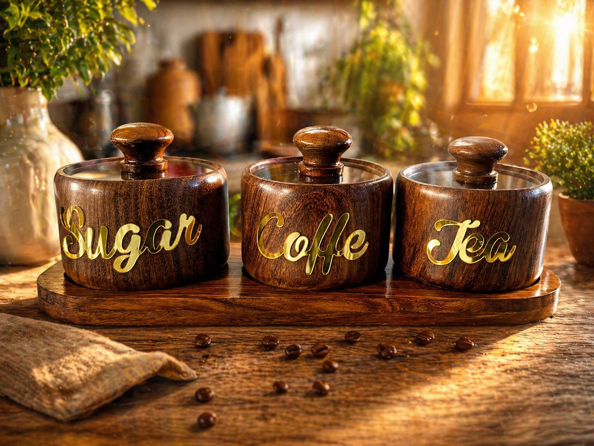 Luxury Handcrafted Wooden Tea, Sugar & Coffee Storage Set – 3-Piece Kitchen Canister Set