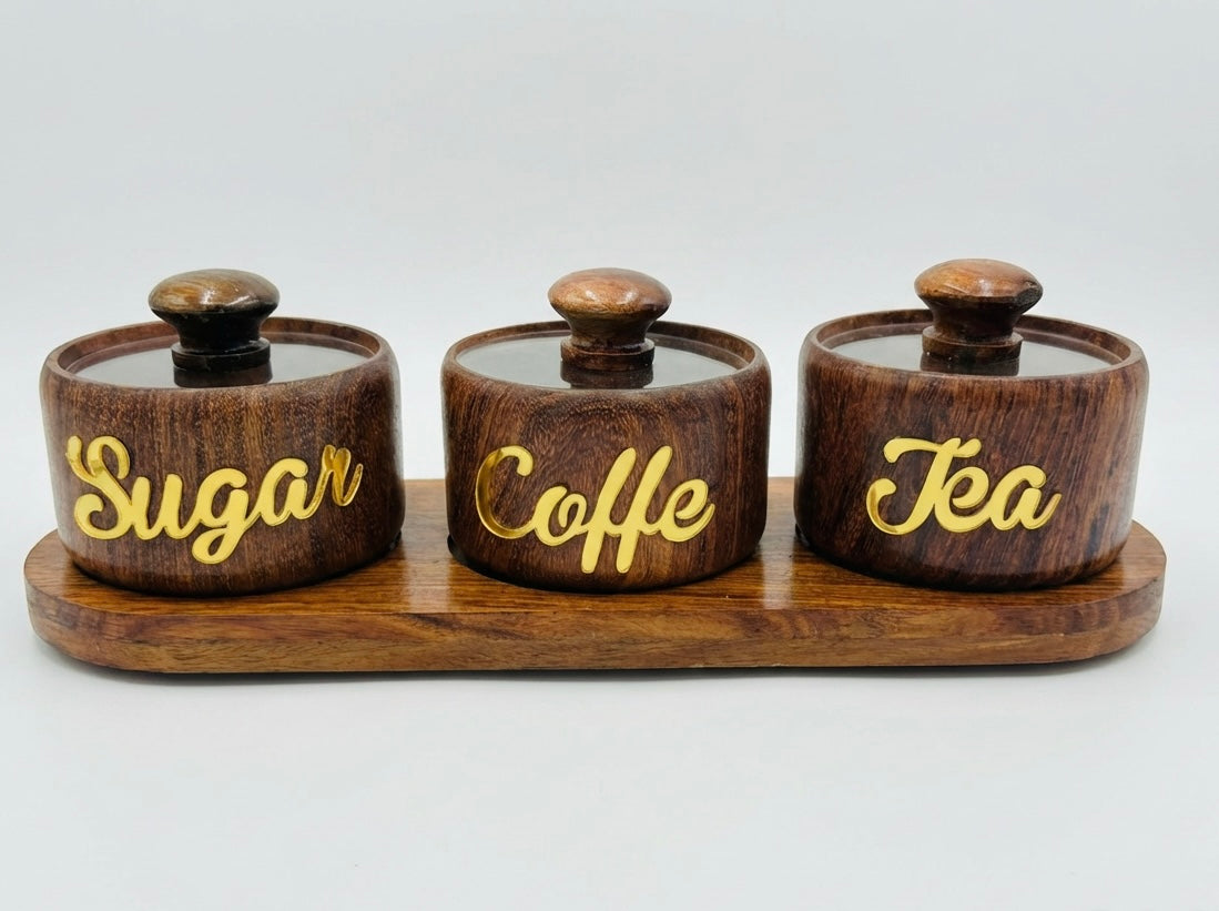 Luxury Handcrafted Wooden Tea, Sugar & Coffee Storage Set – 3-Piece Kitchen Canister Set