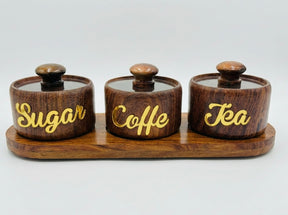 Luxury Handcrafted Wooden Tea, Sugar & Coffee Storage Set – 3-Piece Kitchen Canister Set