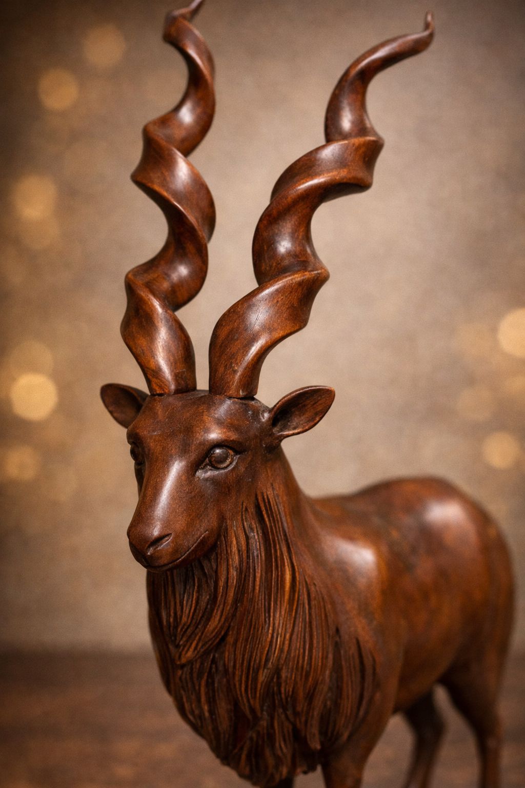 Handcrafted Wooden Markhor Sculpture – 18 Inches with Solid Carved Base