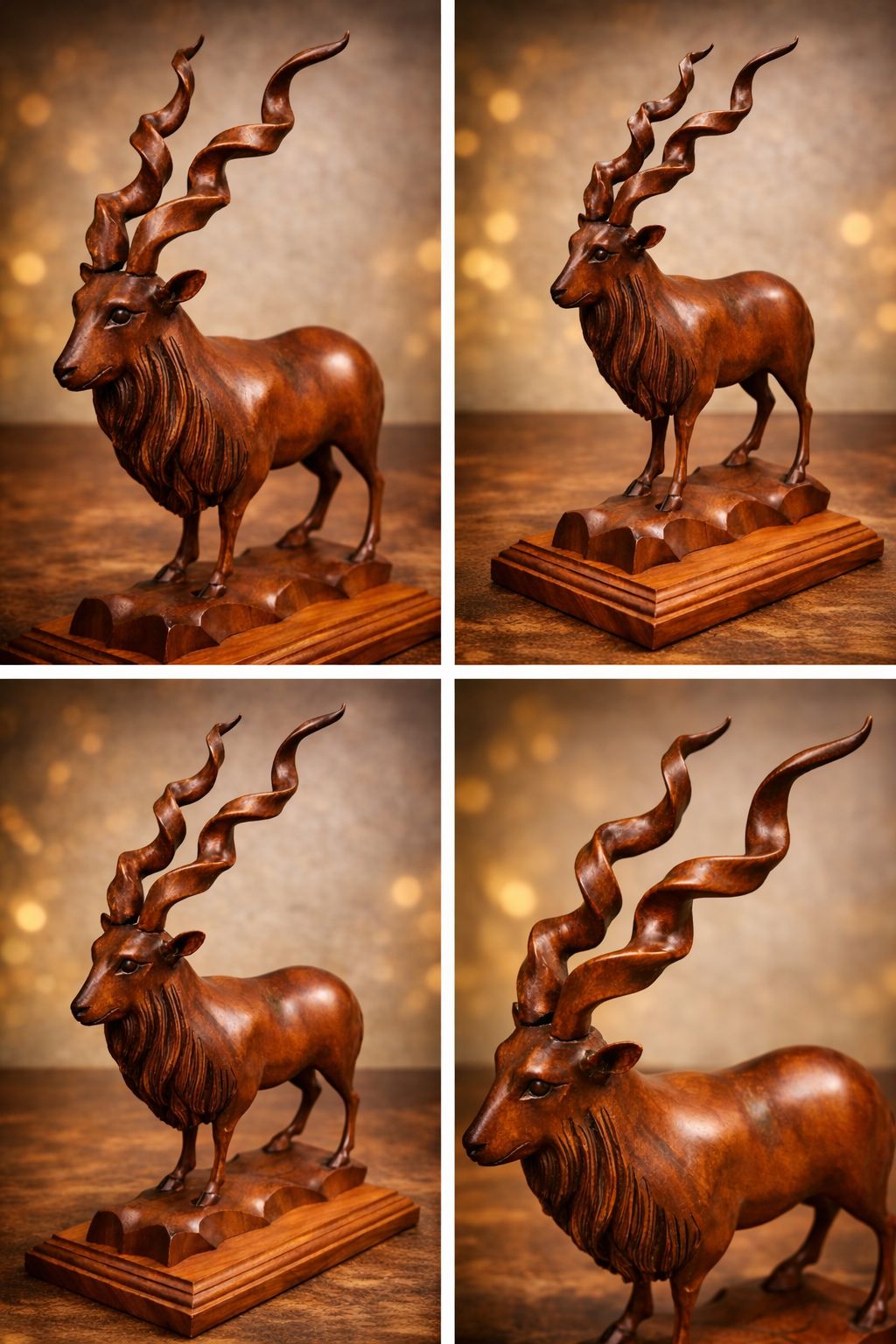 Handcrafted Wooden Markhor Sculpture – 18 Inches with Solid Carved Base