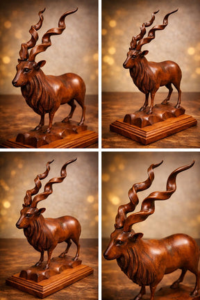 Handcrafted Wooden Markhor Sculpture – 18 Inches with Solid Carved Base