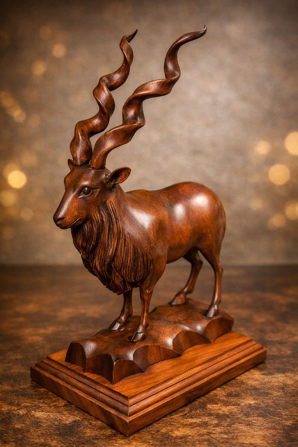 Handcrafted Wooden Markhor Sculpture – 18 Inches with Solid Carved Base