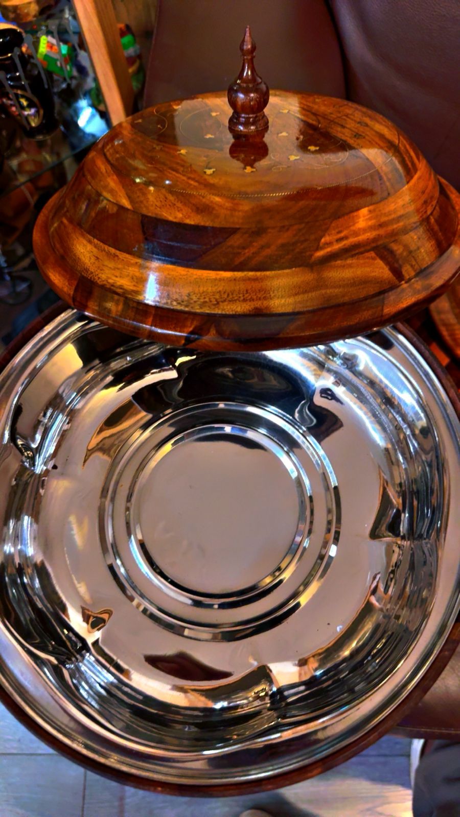Traditional Brass-Decorated  Wooden Hotpot with Steel Bowl