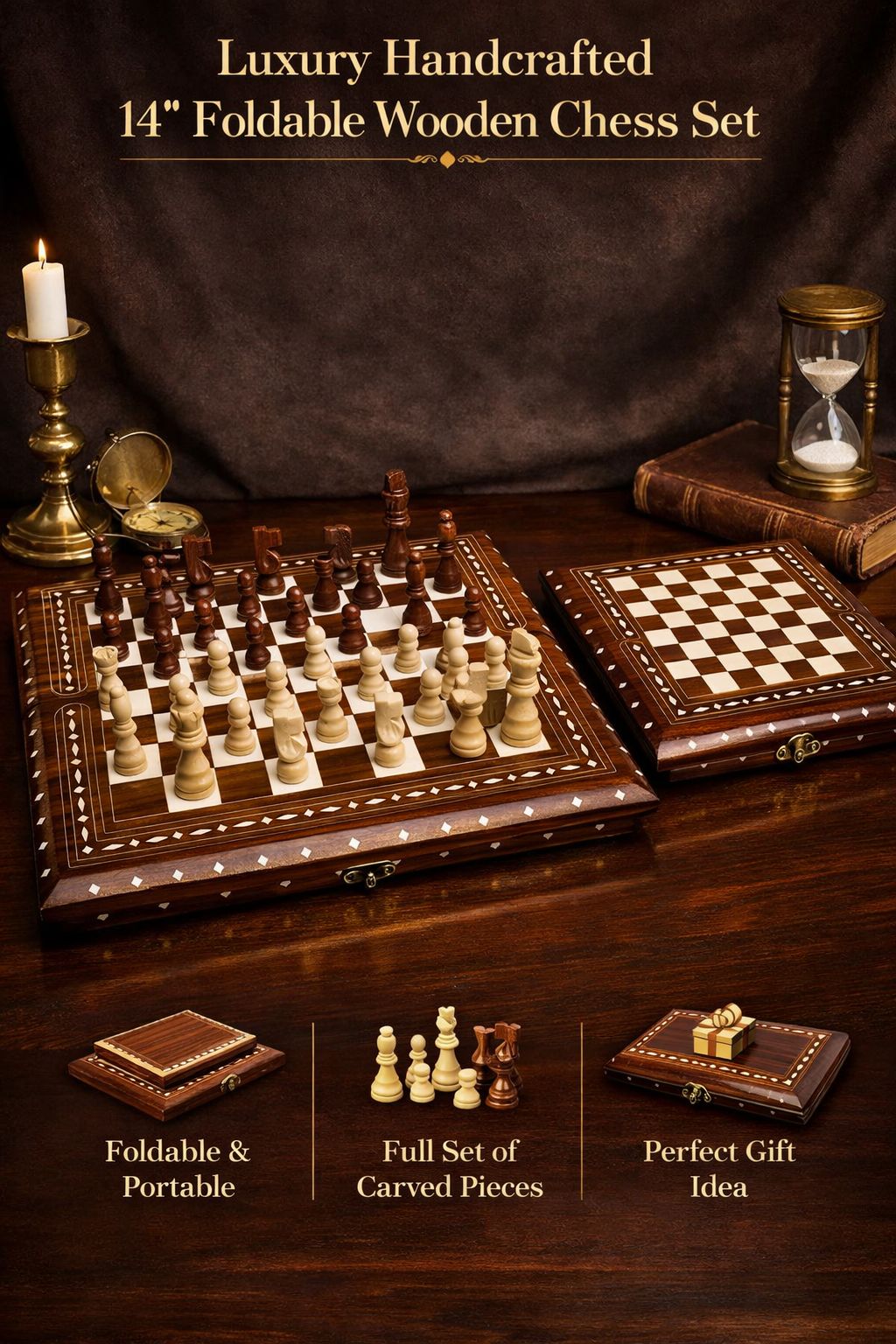 Luxury Handcrafted 14" Foldable Wooden Chess Set
