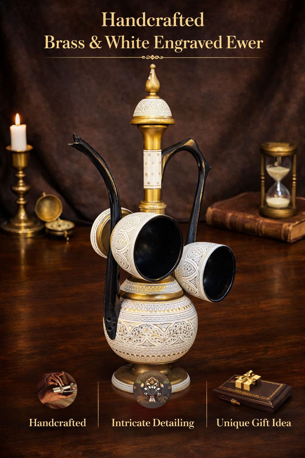 Handcrafted Brass & White Engraved Ewer