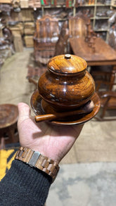 Handmade wooden sugar pot with a lid and spoon