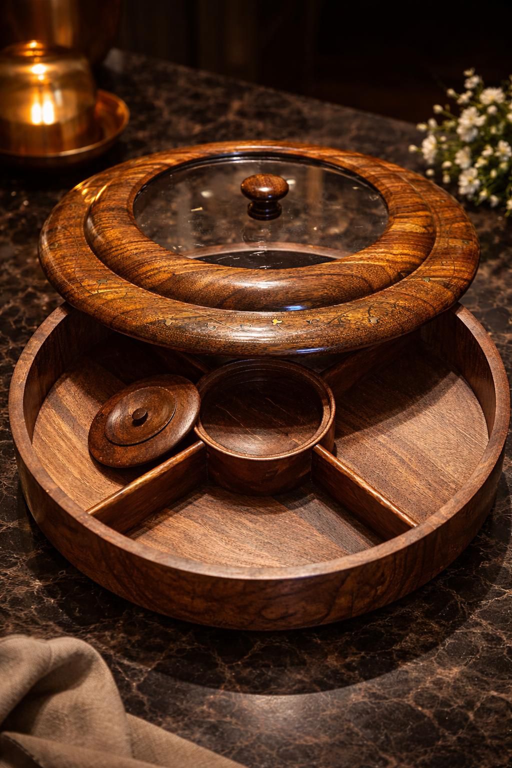 Luxury Handmade Wooden Dry Fruit Tray with Glass Lid – Premium Serving & Storage Tray