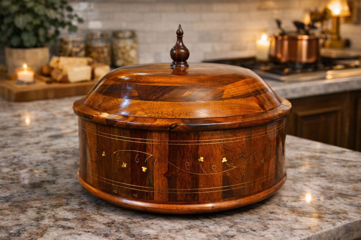 Traditional Brass-Decorated  Wooden Hotpot with Steel Bowl