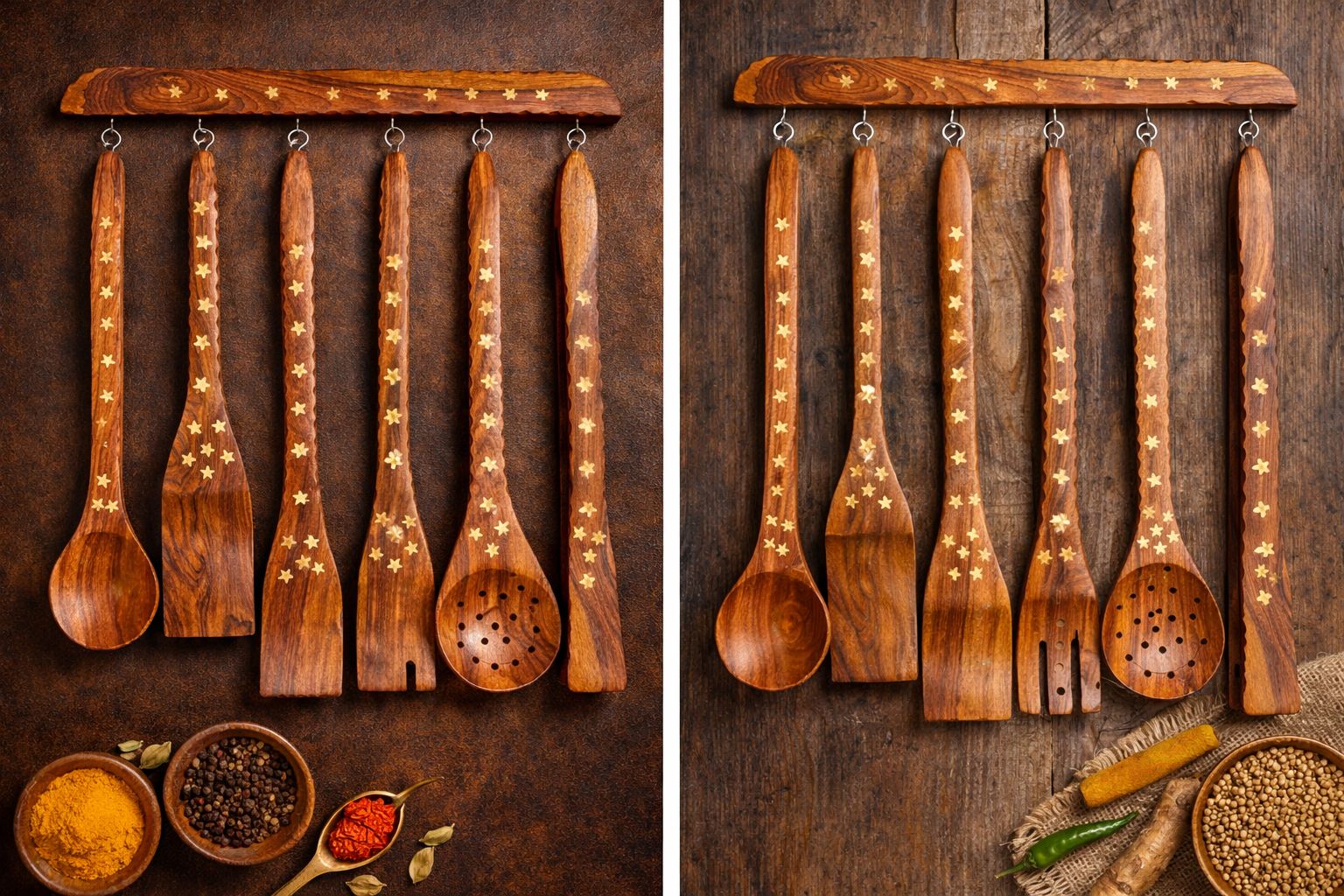 Premium Solid Sheesham Wood Kitchen Utensil Set – 8 Pieces with Brass Inlay