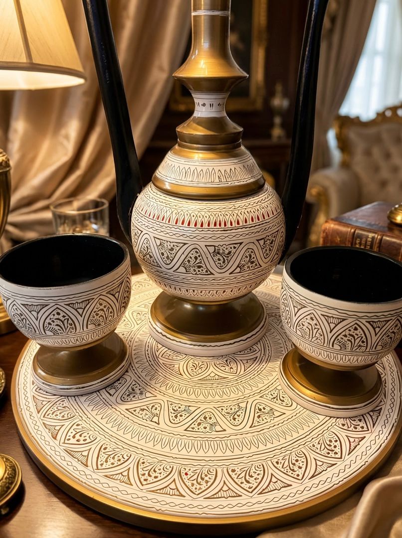 Hand-Painted Wooden Umay Khayyam with 2 Cups