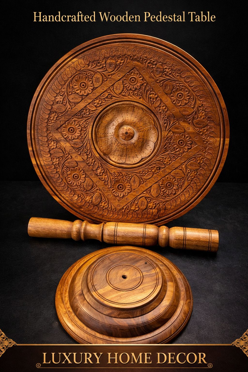 Handcrafted Wooden Pedestal Side Table – Luxury Carved Round Accent Table (18” Top)