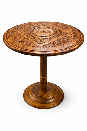 Handcrafted Wooden Pedestal Side Table – Luxury Carved Round Accent Table (18” Top)